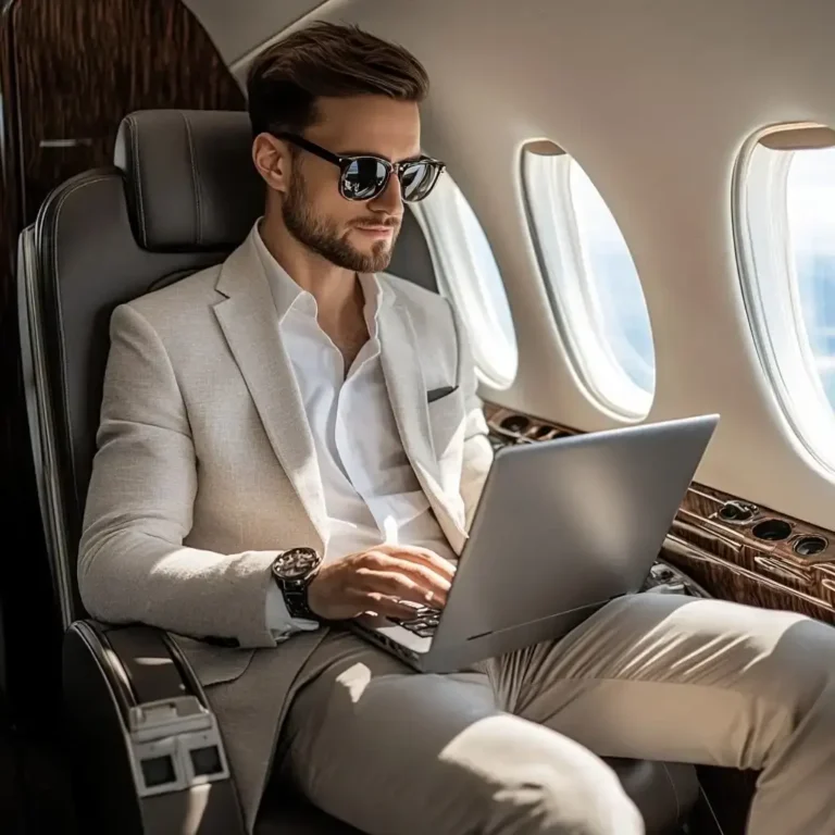“Business traveler working on laptop aboard private jet—custom aircraft upholstery by First Class MasterCraft”