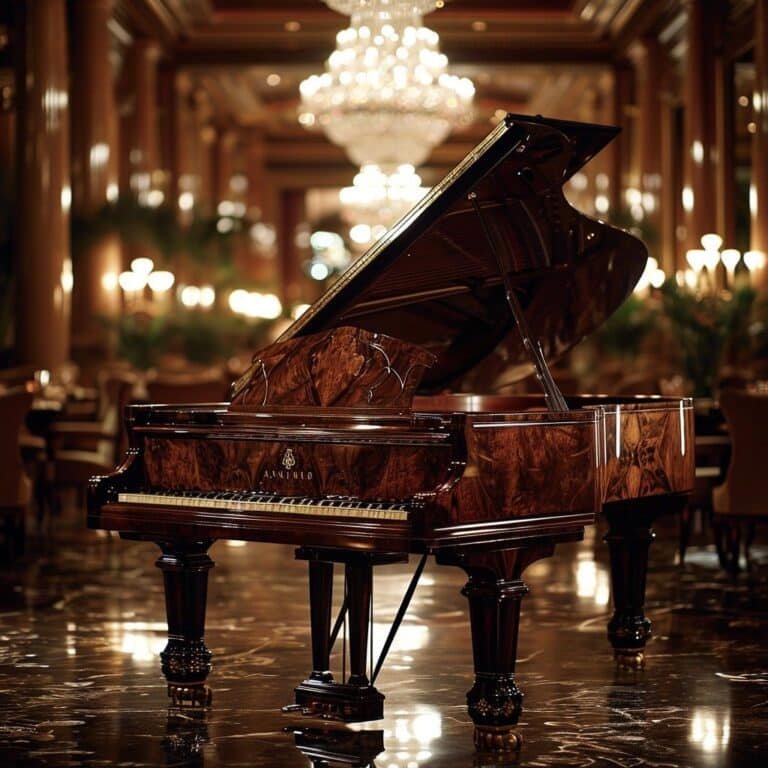 Grand piano in a luxury interior with ornate lighting and custom millwork – First Class MasterCraft design integration