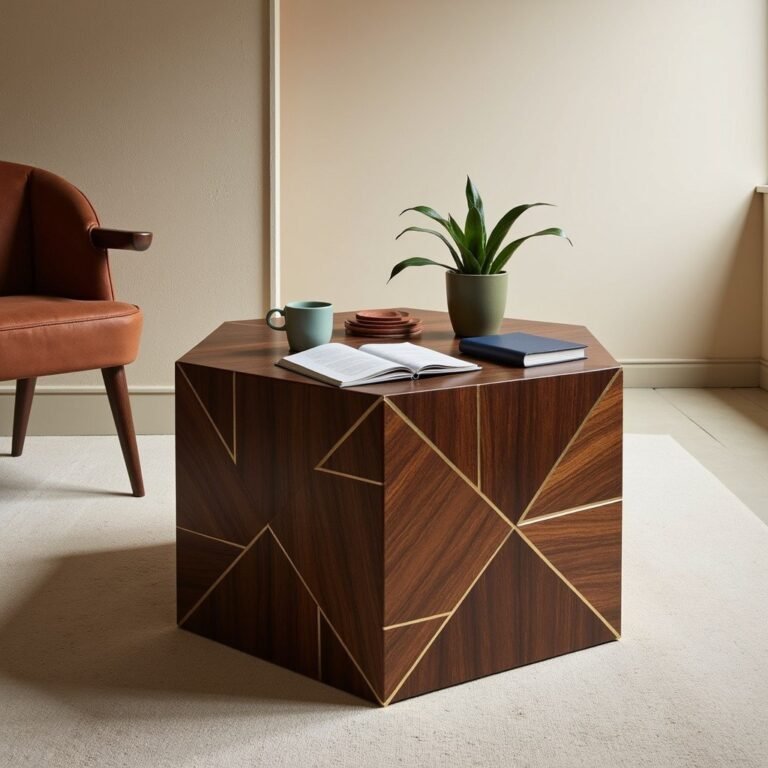 “Custom wooden center table with gold metal trim detailing – First Class MasterCraft showroom”
