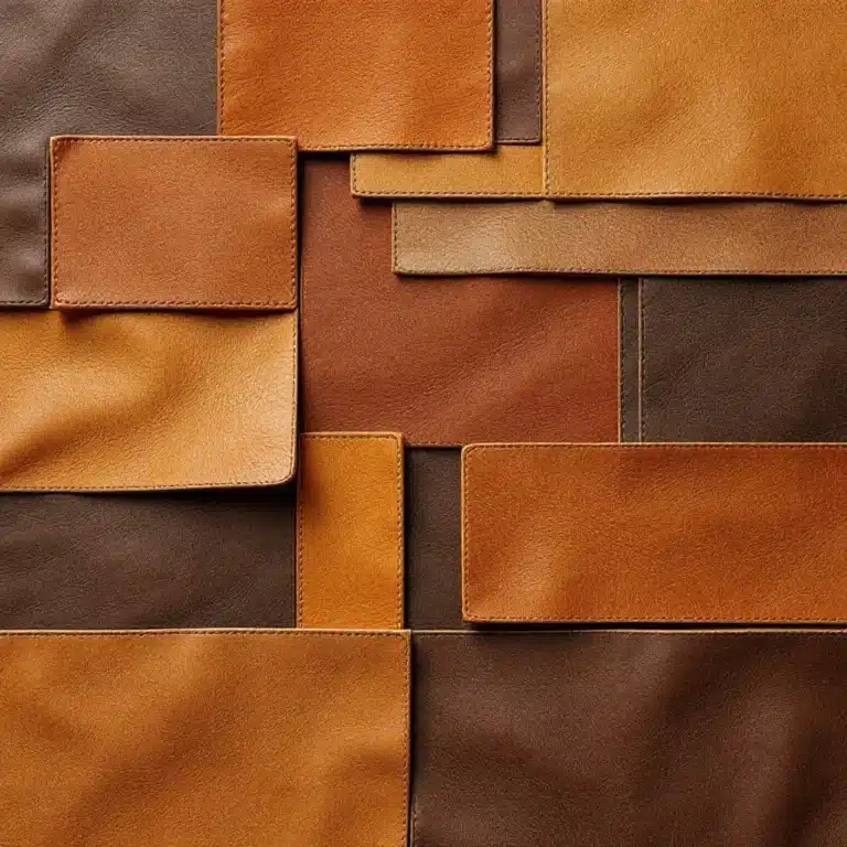 Leather and fabric swatches in warm tones for custom upholstery – First Class MasterCraft material selection