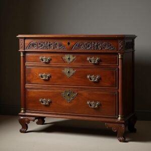“Vintage chest of drawers with brass handles and polished wood finish”