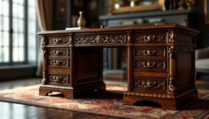 “Classic wooden desk with multiple drawers—restored for timeless functionality”