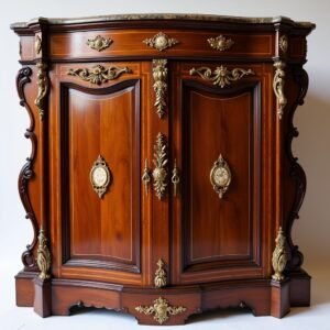 “Restored French Provincial cabinet—elegant curves and distressed finish”