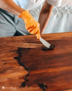 Wood sstriping down for custom color matching—First Class MasterCraft furniture refinishing Fort Lee