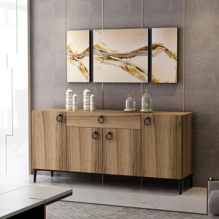 Luxury wooden sideboard with gold accents and decorative lighting – handcrafted cabinetry by First Class MasterCraft Fort Lee