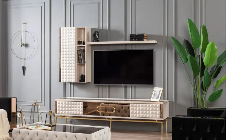 Modern entertainment center with mounted TV, open shelving, and plant decor – handcrafted by First Class MasterCraft