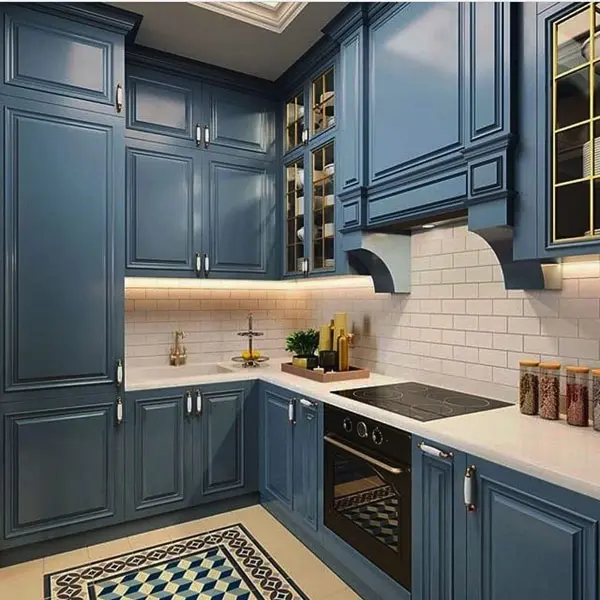 “Blue custom kitchen cabinet with premium finish – handcrafted by First Class MasterCraft Fort Lee”
