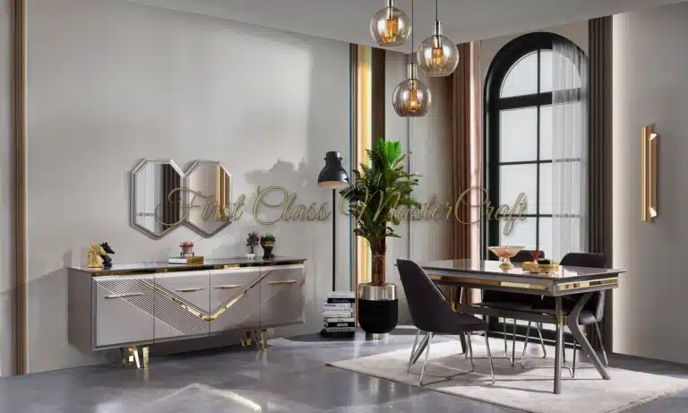 Elegant dining room with round table, upholstered chairs, and classical millwork – First Class MasterCraft architectural build