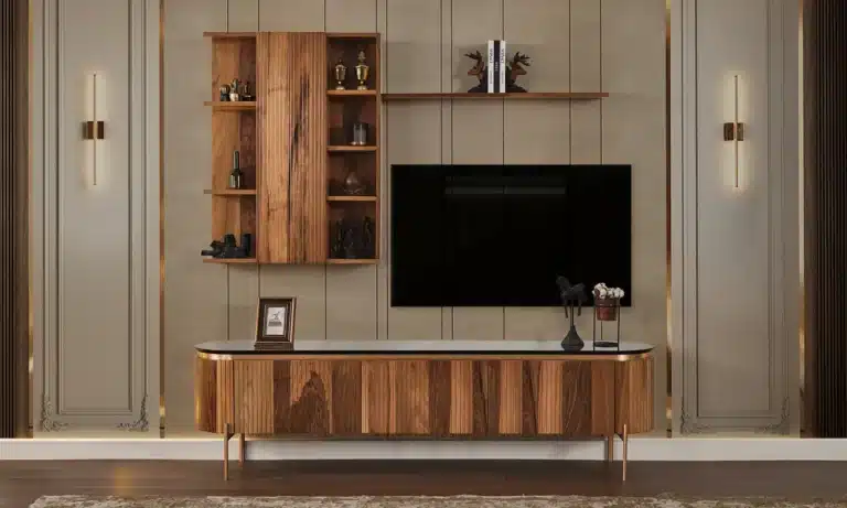 Wall-mounted cabinet and shelving unit with decorative accents – custom furniture by First Class MasterCraft Fort Lee