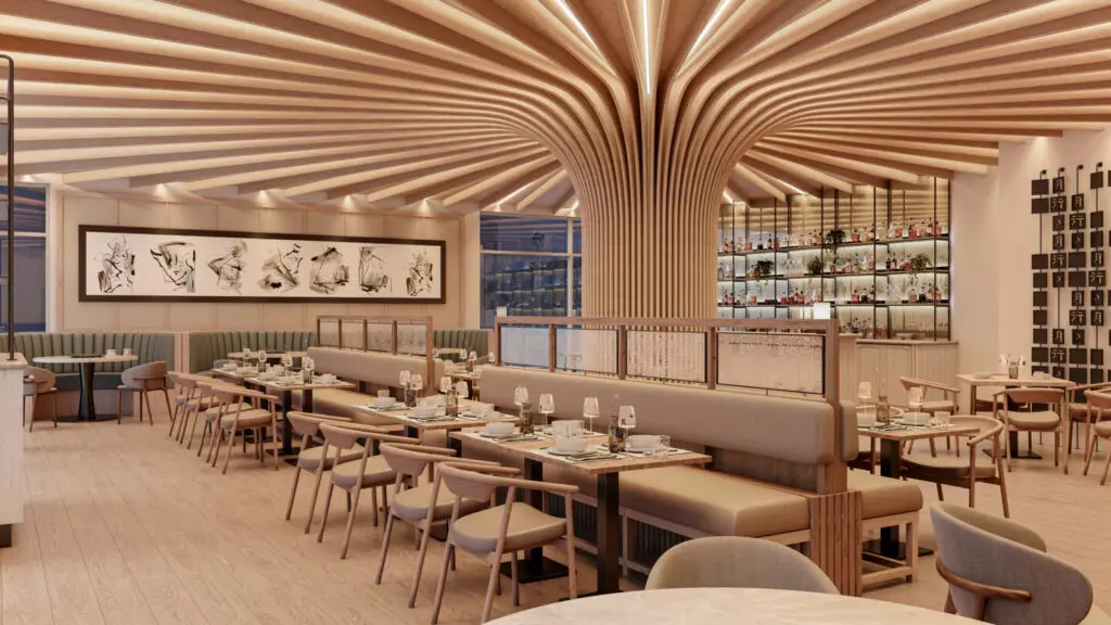 “Modern commercial interior with curved wood ceiling and custom booth seating—crafted by First Class