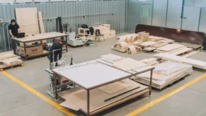 first class team working on the custom banquettes at the warehouse