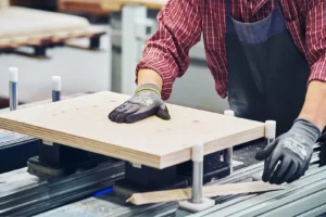 First Class MasterCraft team member cutting custom bed frame – Fort Lee workshop