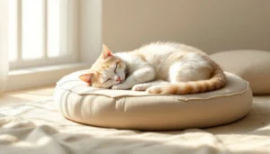 Cat sleeping peacefully on soft floor pillow – symbolizing comfort and craftsmanship of First Class MasterCraft upholstery
