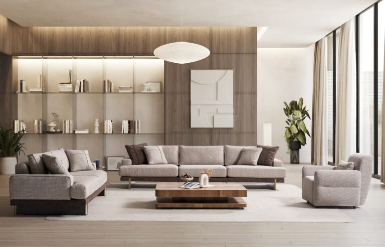 Custom sofa, loveseat, and chair set with handcrafted cabinet in background – designed and built by First Class MasterCraft Fort Lee