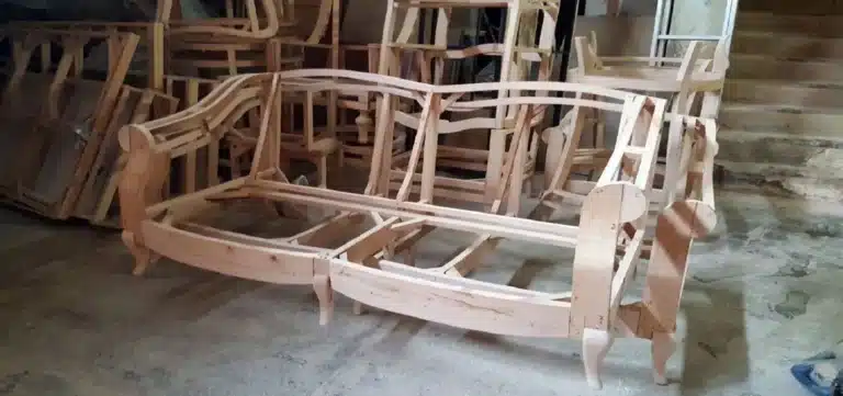 Custom furniture frame being built by Chris, Frame Craftsman at First Class MasterCraft – Fort Lee workshop