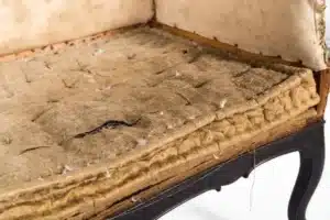 “Exposed furniture springs and webbing—foundation repair in progress