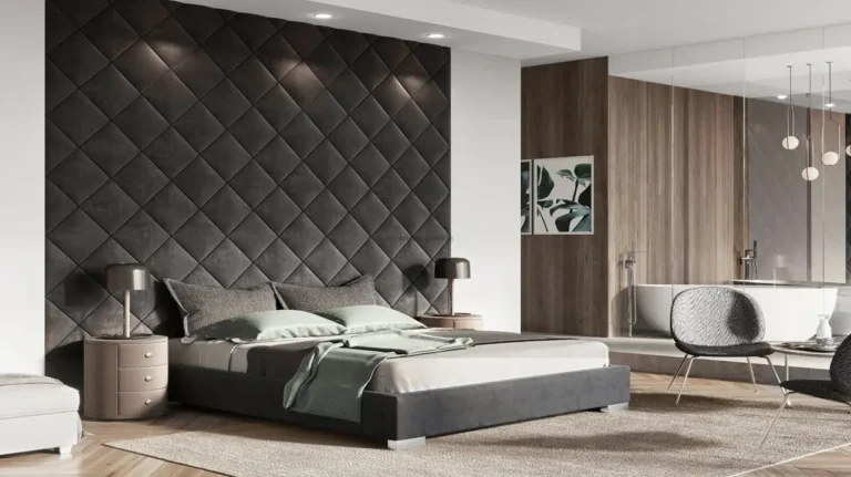 Custom wall panel with layered upholstery and integrated headboard – designed for luxury bedroom by First Class MasterCraft Fort Lee