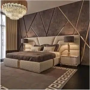 Elegant custom bed frame with solid wood structure, upholstered headboard, and designer wall detailing – First Class MasterCraft Fort Lee