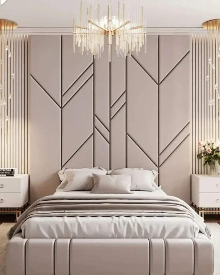 Luxury bedroom setup featuring handcrafted bed frame, wall panels, and ambient lighting – built by First Class MasterCraft