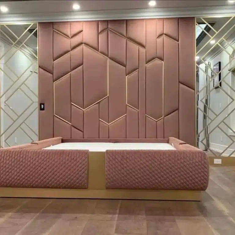 Modern wall panel installation with minimalist headboard and custom bed frame – First Class MasterCraft upholstery and cabinetry