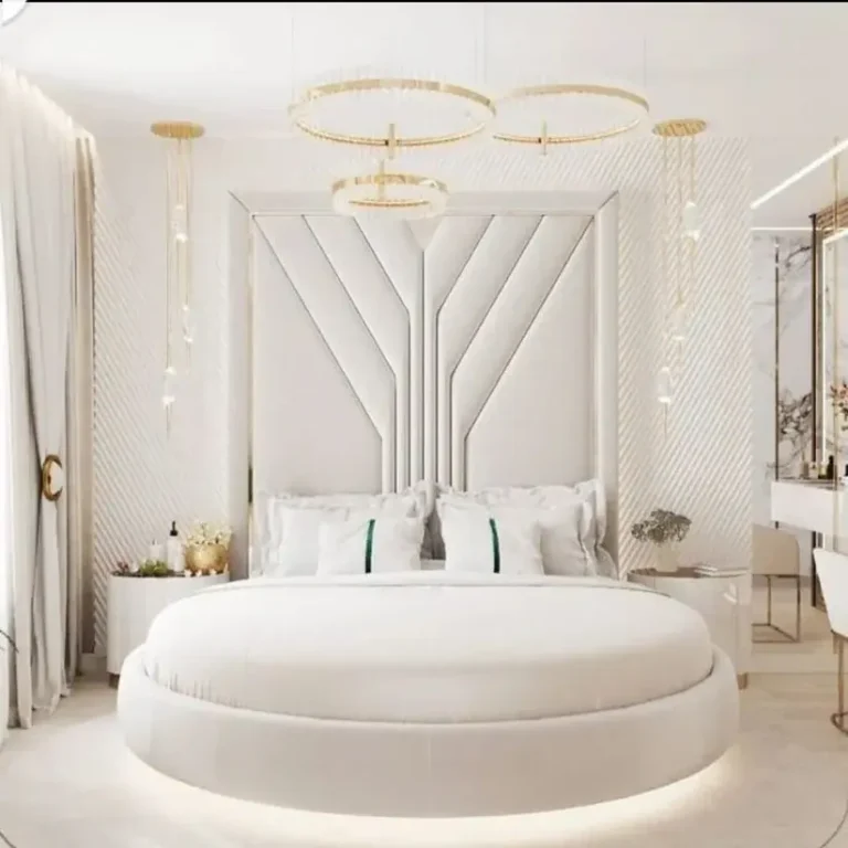 Textured wall panel with geometric detailing, paired with upholstered bed and headboard – First Class MasterCraft Fort Lee
