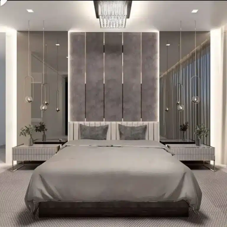 Luxury king-size bed frame with padded headboard, designed for comfort and elegance