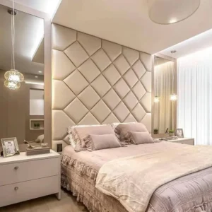Elegant wall panel with vertical channeling and custom bed integration – First Class MasterCraft design build