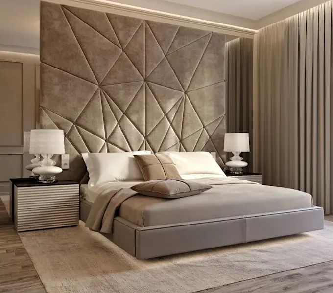 Custom wall panel with layered textures and integrated bed frame – First Class MasterCraft upholstery and millwork