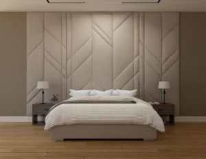 Sculpted wall panel with ambient lighting and upholstered headboard – First Class MasterCraft architectural upholstery