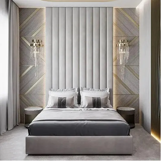 Architectural wall panel with sculpted fabric and seamless bed frame integration – handcrafted by First Class MasterCraft upholstery and cabinetry team