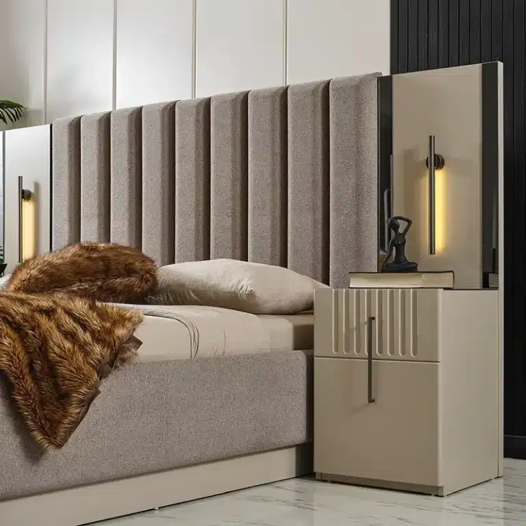 Luxury bed frame with integrated headboard and decorative wall panel – First Class MasterCraft custom build