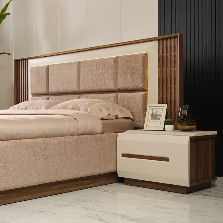 Custom upholstered bed frame with integrated headboard and matching nightstands – First Class MasterCraft Fort Lee