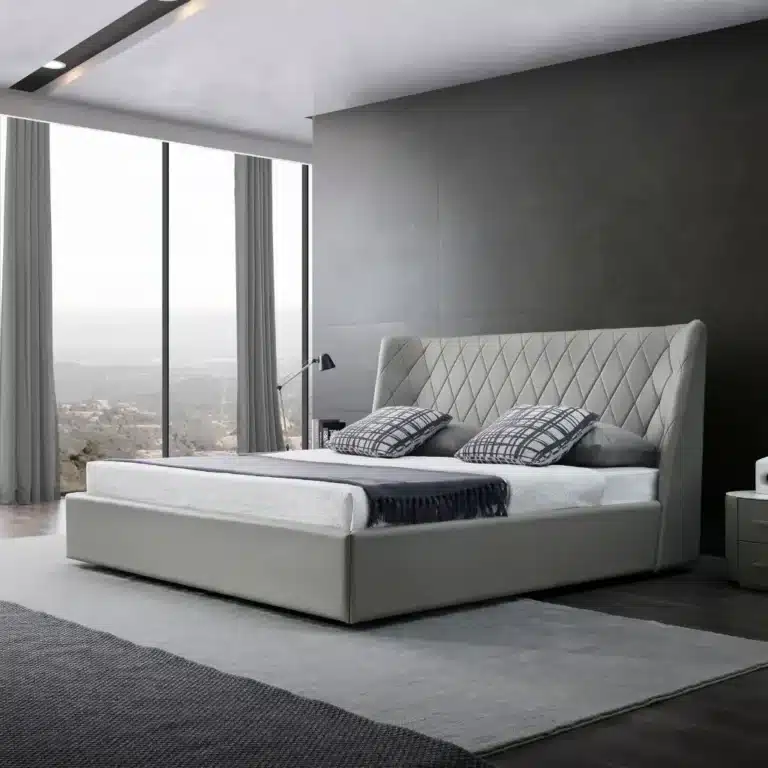 Architectural bed setup with custom headboard and ambient lighting – handcrafted by First Class MasterCraft