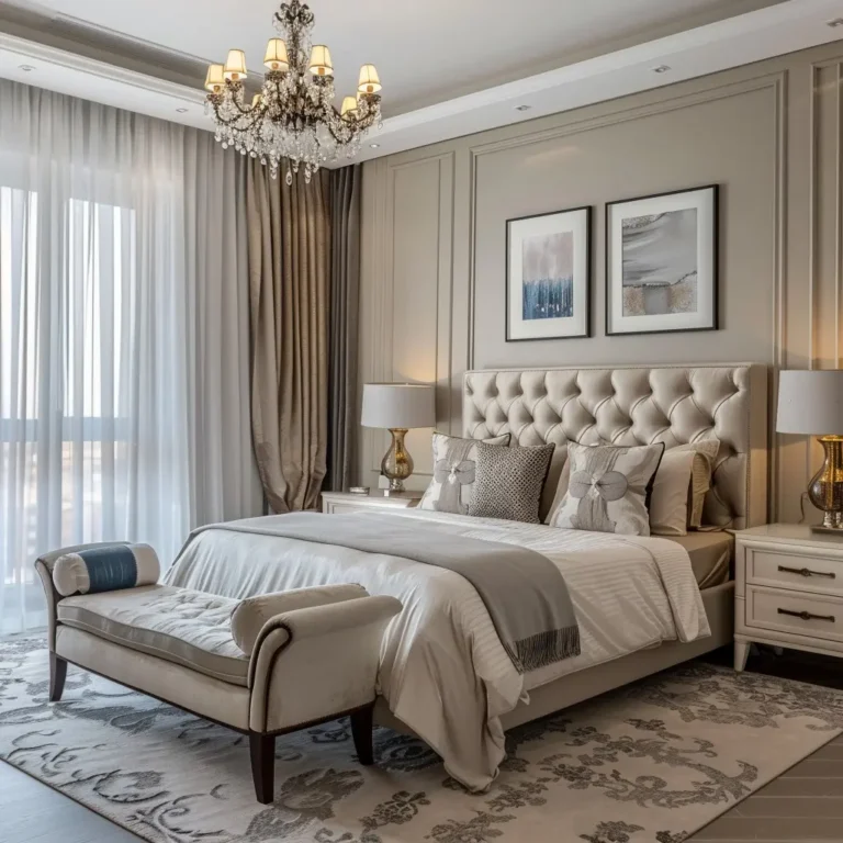 "Custom upholstered bed frame with tufted headboard in neutral linen fabric"