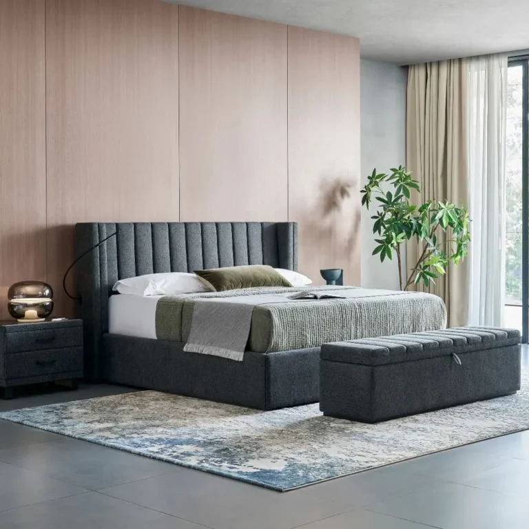 Modern wood bed frame with integrated headboard and architectural detailing