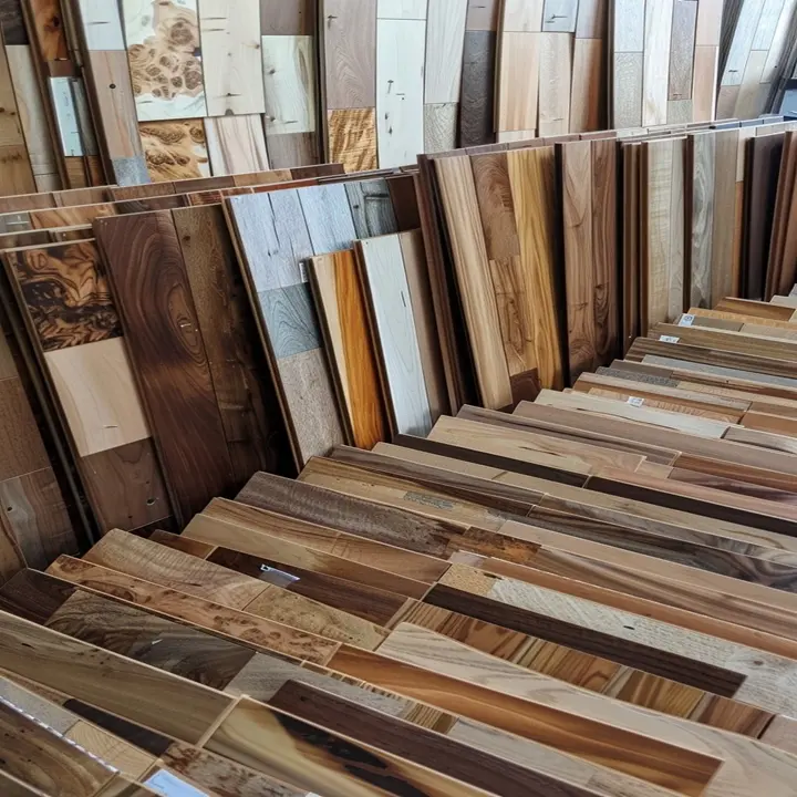 “Assorted wood planks in workshop—premium materials for custom cabinetry and architectural millwork”